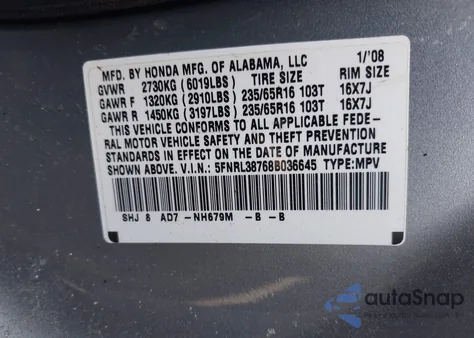 2008 Honda Odyssey Ex-L из США, поврежденный, VIN 5FNRL38768B036645